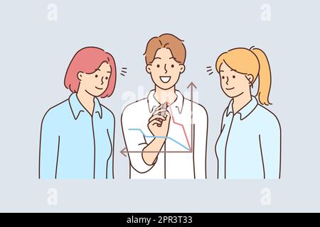 Smiling businesspeople work discuss financial chart Stock Vector