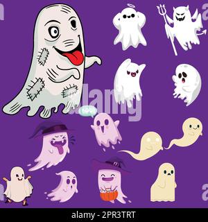 Cute ghosts with different facial expressions Stock Vector