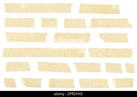 Masking and adhesive tape pieces set. Sticky scotch, duct paper strips isolated on the white background Stock Photo