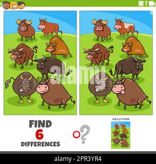 differences game with cartoon bulls farm animals coloring page Stock ...