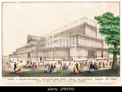 Exterior view of The Crystal Palace, built for The Great Exhibition 1851 in Hyde Park, London, England, lithographic print by Nathaniel Currier, 1835-1856 Stock Photo