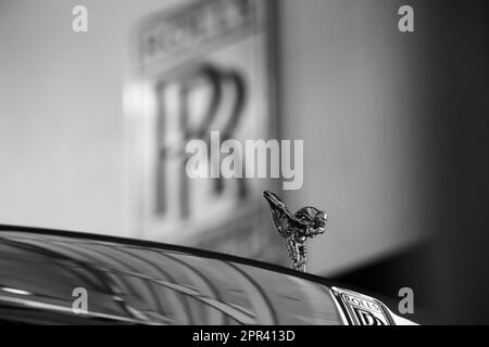 Spirit of Ecstasy Ornament on Rolls Royce Ghost in BMW Welt, Munich Germany Stock Photo