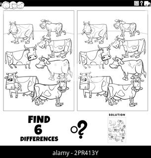differences game with cartoon cows farm animals coloring page Stock Vector