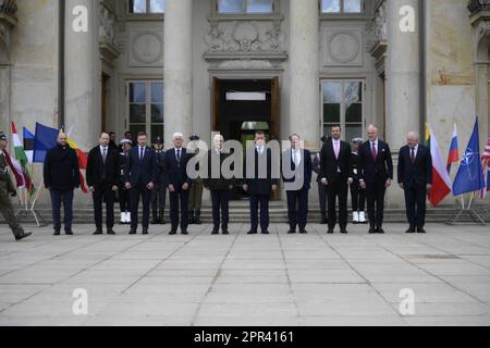 Warsaw, Poland. 26h April, 2023. Ministers of defence of the members of the Bucharest Nine are seen posing for a group photo at at the Palace on the Isle in Warsaw, Poland on 26 April, 2023. The Bucharest Nine is an organisation founded in 2015 by the presidents of Romania and Poland with the aim of countering the threat of Russian aggression. The group has recently called for an enhanced presence of NATO on the eastern flank of the alliance in light of Russian aggression in Ukraine. Credit: Jaap Arriens/Alamy Live News. Stock Photo