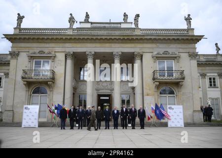 Warsaw, Poland. 26h April, 2023. Ministers of defence of the members of the Bucharest Nine are aeen arriving at at the Palace on the Isle in Warsaw, Poland on 26 April, 2023. The Bucharest Nine is an organisation founded in 2015 by the presidents of Romania and Poland with the aim of countering the threat of Russian aggression. The group has recently called for an enhanced presence of NATO on the eastern flank of the alliance in light of Russian aggression in Ukraine. Credit: Jaap Arriens/Alamy Live News. Stock Photo