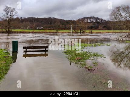 bench on the flooded shores of river Ruhr, Germany, North Rhine-Westphalia, Ruhr Area, Witten Stock Photo