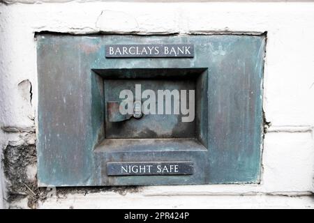 Vintage historical historic Barclays Bank Night Safe deposit box on the outside exterior of the building  Carmarthenshire Wales UK   KATHY DEWITT Stock Photo