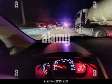 driving car at night on the motorway A46, Germany, North Rhine-Westphalia Stock Photo