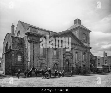 A late 19th century photograph of St. Catherine's Church, on Thomas Street, in Dublin, Ireland, was originally built in 1185. It was rebuilt in the Palladian style in the 18th century by John Smyth (or Smith), originally a spire was intended, but it wasn't completed due to lack of funds. In 1803 the church was the site of Robert Emmet's execution, an Irish Republican, orator and rebel leader he sought to organise a renewed attempt to overthrow the British Crown and Protestant Ascendancy in Ireland, following the suppression of the United Irish uprising in 1798. Stock Photo