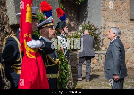 Rome, Italy, 25/04/2023, Minister of Foreign Affairs Antonio Tajani in front of the plaque in memory of the Martyrs of the Fosse Ardeatine after the deposition of the laurel wreath. The Foreign Minister, Antonio Tajani accompanied by the Mayor of Rome, Roberto Gualtieri, the president of the Lazio Region, Francesco Rocca and representatives of the Armed Forces, laid a laurel wreath at the mausoleum, symbolic place of the anti-fascist resistance where on 23th March 1944 335 people were executed. Also present at the ceremony were Senator Maurizio Gasparri, the Vice-President of the Chamber of De Stock Photo