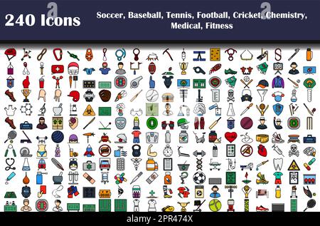 240 Icons Of Soccer, Baseball, Tennis, Football, Cricket, Chemistry, Medical, Fitness Stock Vector