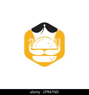 Burger king vector logo design. Burger with crown and mustache icon logo concept. Stock Vector