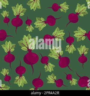 Fresh Beetroot Vegetable with Green Leaves on Green Background. Seamless Food Pattern. Stock Vector
