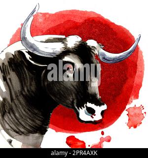 Black bull head on bloody background. Hand-drawn ink and watercolor sketch Stock Photo