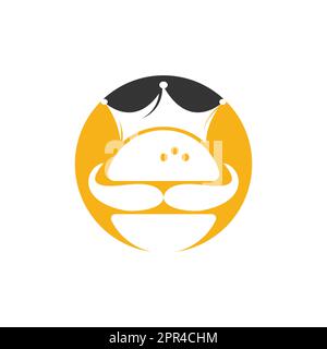 Burger king vector logo design. Burger with crown and mustache icon logo concept. Stock Vector