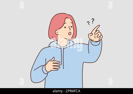 Frustrated girl point with finger at something Stock Vector