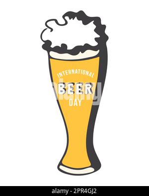 International Beer Day. Glass of beer with foam cap in doodle style hand drawing. Vector design element for international beer day. Stock Vector