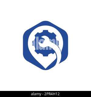 Gear wrench pin point logo template. Vector illustration of workshop location. Stock Vector