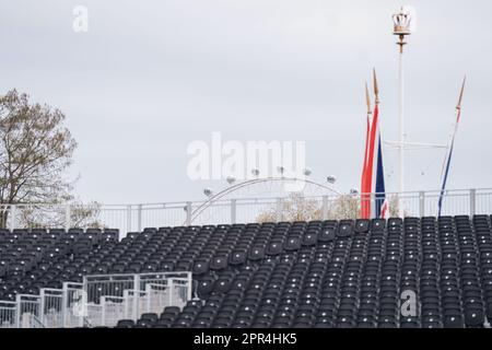 Seating outside Buckingham Palace on the Mall, London as ireparations are underway across the UK for the coronation of King Charles III on May 6. Picture date: Wednesday April 26, 2023. Stock Photo