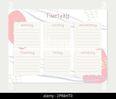 Back to school timetable. Hand drawn. Classroom timetable. Plan note education. Planner, table class, template. Organizer paper weekly. Stock Vector
