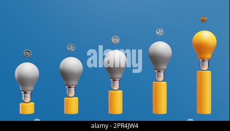 Light bulbs and gears on the stairs. Brainstorming innovation progress achievement. 3d rendering Stock Photo