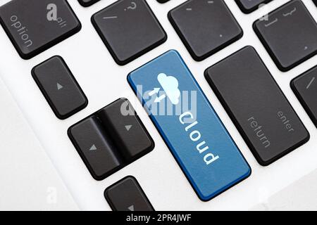 Closeup Cloud text button command text for save upload or download data in computer cloud system server Stock Photo