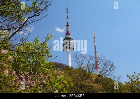 SEOUL, SOUTH KOREA - APRIL 8, 2023: N Seoul Tower commonly known as Namsan Tower, communication and observation in Namsan Park in Seoul. Stock Photo