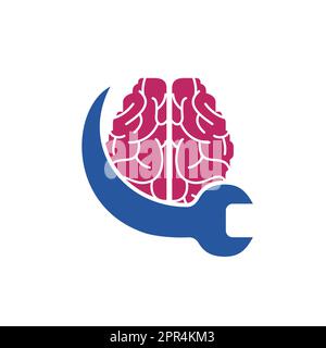 Brain repair vector logo design. Brain and wrench icon logo design. Stock Vector