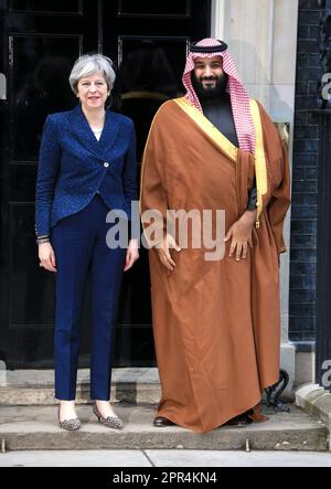 London, UK. 07th Mar, 2018. British Prime Minister Theresa May greets Saudi Crown Prince Mohammed bin Salman at number 10 Downing Street in London. (Photo by Fred Duval/SOPA Images/Sipa USA) Credit: Sipa USA/Alamy Live News Stock Photo