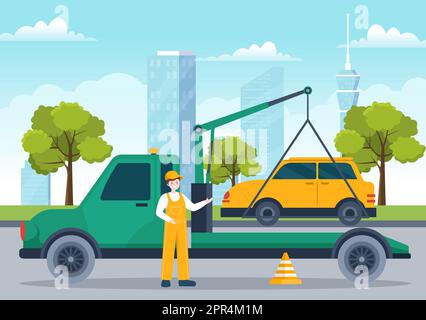 Auto Towing Car Using a Truck with Roadside Assistance Service in Template Hand Drawn Cartoon Flat Background Illustration Stock Vector