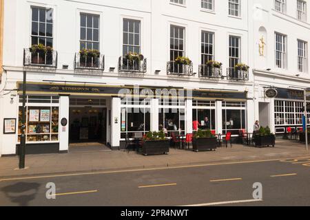 Exterior outside front facade of The Bank House - a JD Wetherspoon pub public house, 15-21 Clarence St, Cheltenham GL50 3JL. UK. (134) Stock Photo