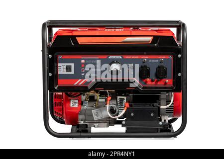 Portable red electric generator isolated on white for backup energy Stock Photo