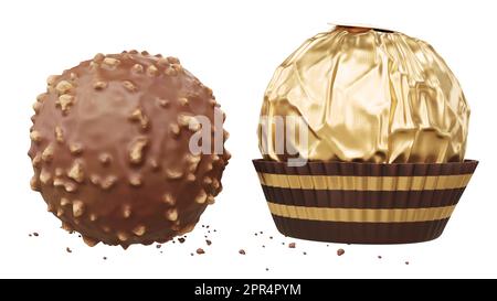 Premium chocolate ball with milk and anothre with golden glitter isolated on white background high quality details - 3D rendering Stock Photo