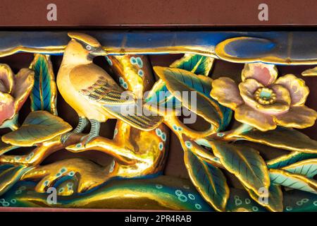 Detail of the extensive wooden carvings of flowers and birds on the sukibei wall at the Ueno Tosho-gu Shrine in Ueno Park, Tokyo, Japan. The shrine was constructed in 1627 and is considered a great example of Shinto architecture from the Edo period. Stock Photo