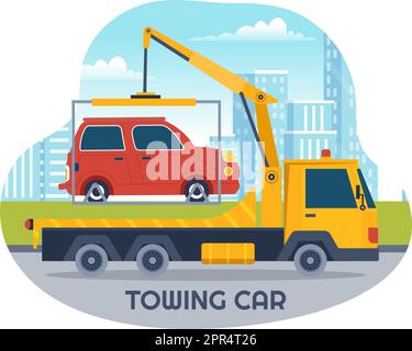 Auto Towing Car Using a Truck with Roadside Assistance Service in Template Hand Drawn Cartoon Flat Background Illustration Stock Vector