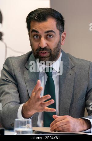 First Minister of Scotland Humza Yousaf meets crime victims in Edinburgh as major justice reform legislation is introduced at Holyrood. Picture date: Wednesday April 26, 2023. Stock Photo