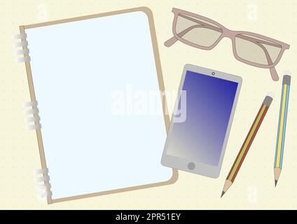 Notebook Drawing With Mobile Device Eyeglasses Two Pencils. Notepad Design Beside Phone Sunglasses Pair Of Pens Showing Organized Table. Stock Vector