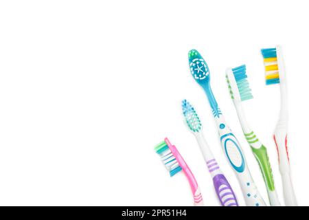 Toothbrushes set isolated on white background. Top view Stock Photo