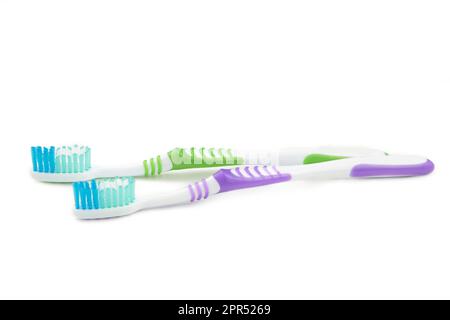 Toothbrushes set isolated on white background. Top view Stock Photo