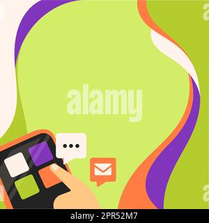 Finger Pressing Application Button Presenting Technological Advances Global Network Connection. Hand Using Mobile Opening Digital Representing Technology Development. Stock Vector