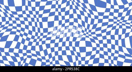 Retro distorted checkerboard background. Blue trippy psychedelic checkered wallpaper. Wavy groovy chessboard surface. Abstract twisted geometric pattern. Vector backdrop Stock Vector