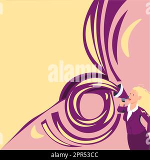 Female Leader Making Statement. Woman Wearing Formal Attire Holds Megaphone Giant Speech Balloon. Lady Expressing Success And Encouragement. Activist Protesting. Stock Vector