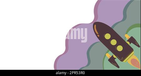 Rocket Taking Off Leaving Fire Behind And Presenting Important Message. Spacecraft Flying In Sky And Showing Crutial Informations. New Ideas Presented. Stock Vector