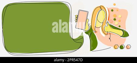 Line Drawing For Lady Holding Phone Presenting New Ideas With Speech Bubble. Woman Carrying Mobile Displaying New Ideas With Conversation Balloon. Stock Vector