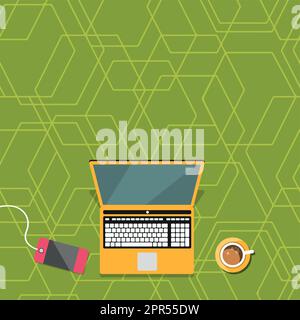 Laptop Resting On A Table Beside Coffee Mug And Plant Showing Work Process. Minicomputer Sitted Top Of Desk Next To Cup Along With Flower Displaying Remote Job Projects. Stock Vector