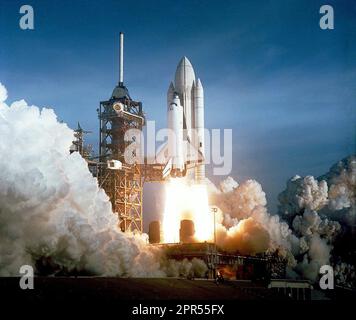After six years of silence, the thunder of human spaceflight was heard again, as the successful launch of the first space shuttle ushered in a new concept in utilization of space. Mission STS-1, on Space Shuttle Columbia, launched from Launch Complex 39A at Kennedy Space Center just seconds past 7 a.m. on April 12, 1981. It carried astronauts John Young and Robert Crippen on an Earth-orbital mission scheduled to last for 54 hours. The mission ended with the Space Shuttle Columbia landing at Edwards Air Force Base in California. Stock Photo
