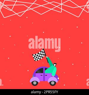 Businessman Waving Banner From Vehicle Racing Towards Successful Future Advancements. Human Reaching Out Car Using Flag Representing Start Newest Journey Goals. Stock Vector