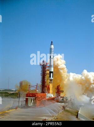 Gemini-Titan 4 (GT-4) lift-off carrying James McDivitt and Ed White for a four-day mission. This flight included the first spacewalk by an American astronaut, performed by Ed White. Stock Photo