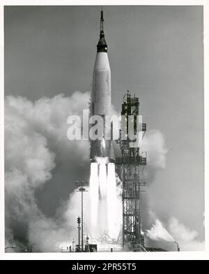 A NASA Project Mercury spacecraft was test launched at 11:15 AM EST on April 25, 1961 from Cape Canaveral, Florida, in a test designed to qualify the Mercury Spacecraft and all systems, which must function during orbit and reentry from orbit. The Mercury-Atlas vehicle was destroyed by Range Safety Officer about 40 seconds after liftoff. The spacecraft was recovered and appeared to be in good condition. Atlas was designed to launch payloads into low Earth orbit, geosynchronous transfer orbit or geosynchronous orbit. NASA first launched Atlas as a space launch vehicle in 1958. Project SCORE, the Stock Photo