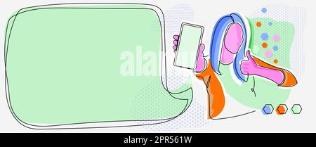 Line Drawing For Lady Holding Phone Presenting New Ideas With Speech Bubble. Woman Carrying Mobile Displaying New Ideas With Conversation Balloon. Stock Vector